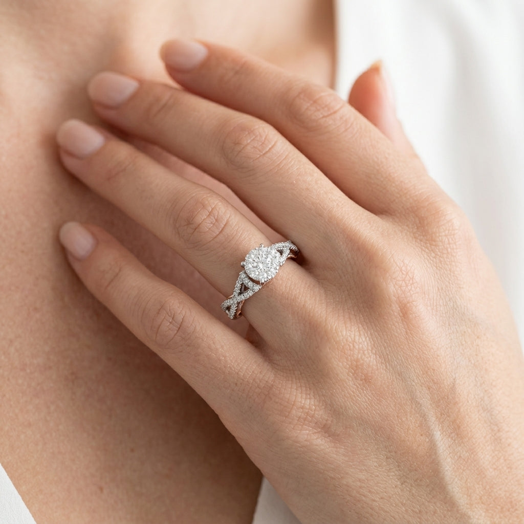5/8 Ctw Round Diamond Lovebright Crossover Shank Engagement Ring in 14K White and Rose Gold - worn lifestyle photo
