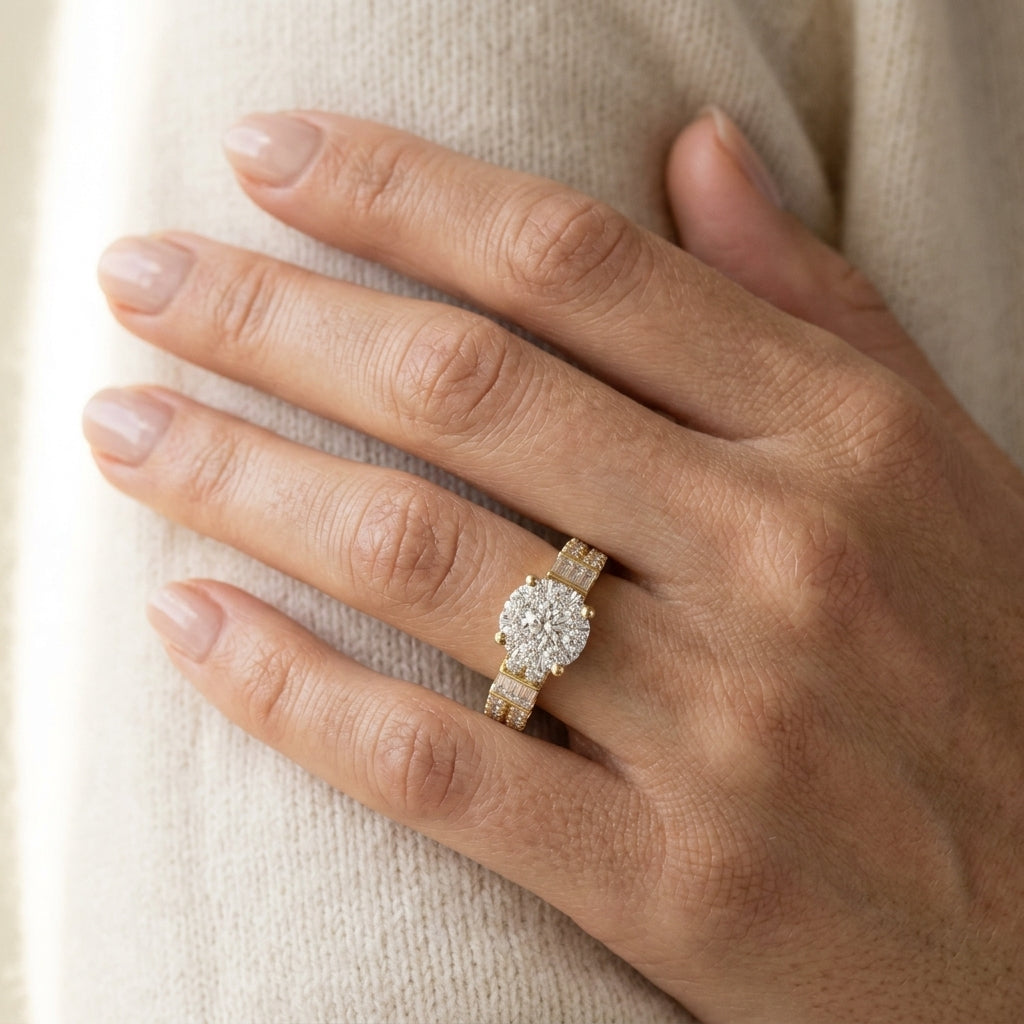 7/8 Ctw Round and Baguette Diamond Lovebright Engagement Ring in 14K Yellow and White gold - worn lifestyle photo