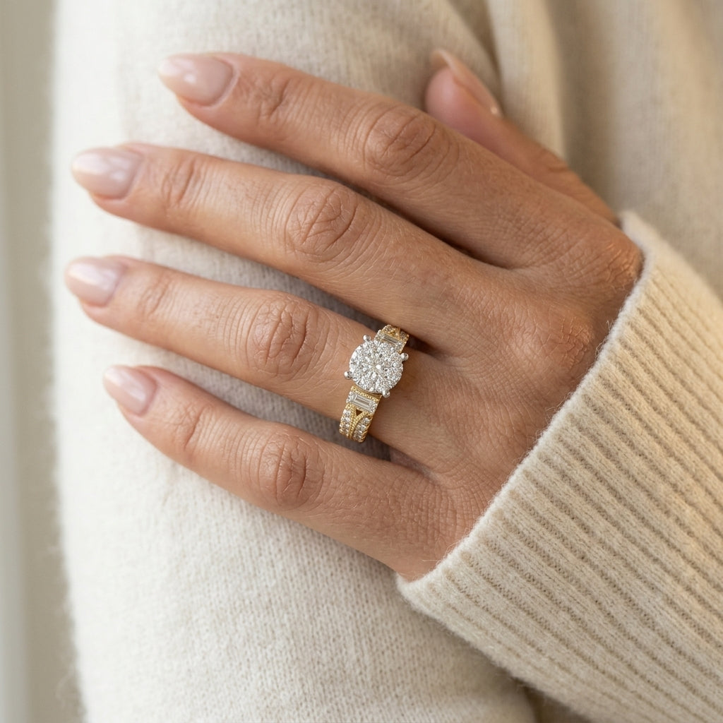 3/4 Ctw Diamond Lovebright Engagement Ring in 14K Yellow and White Gold - worn lifestyle photo
