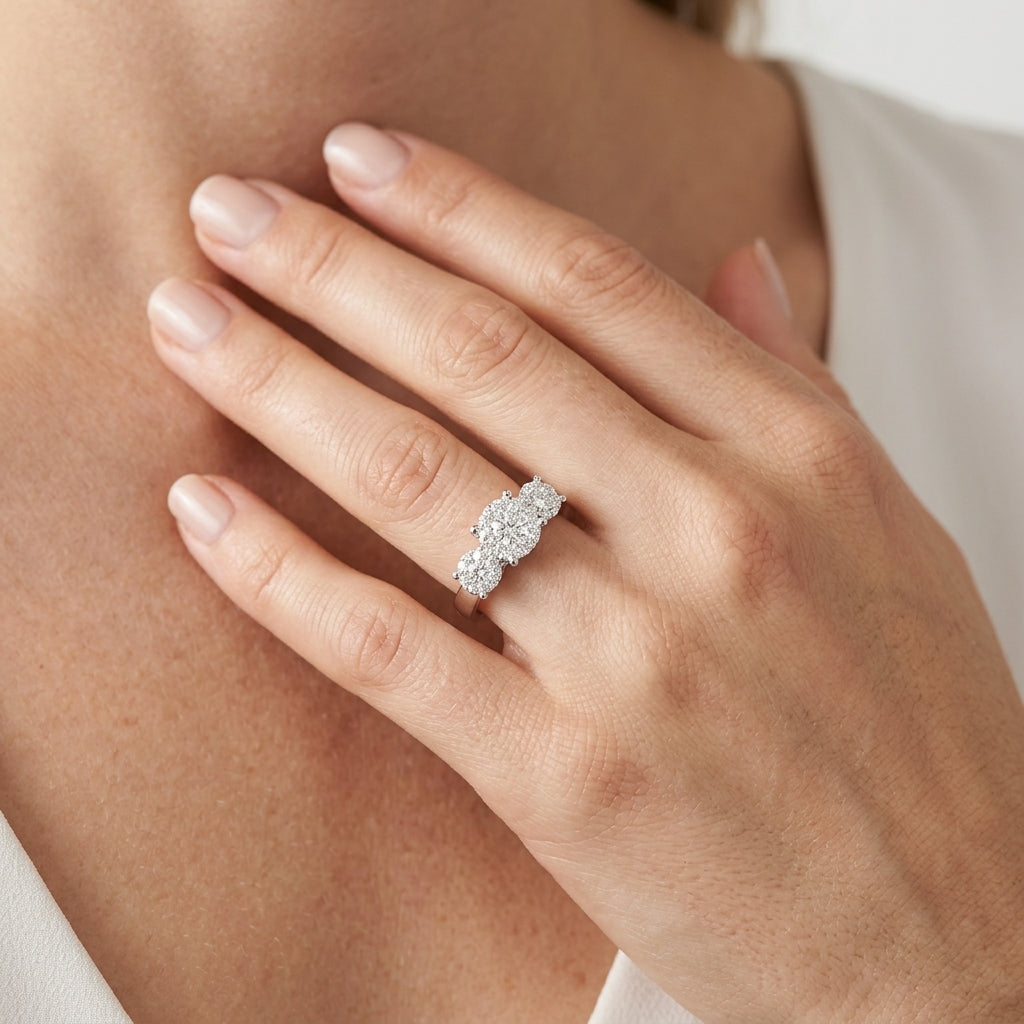 1 Ctw Triple Circle Round Cut Past Present and Future Lovebright Diamond Ring in 14K White Gold - worn lifestyle photo