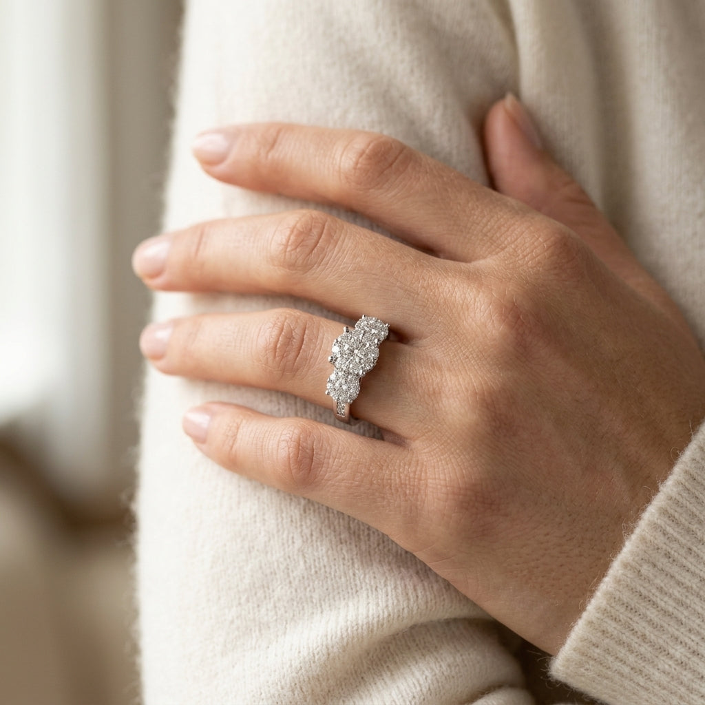 2 Ctw Past Present and Future Lovebright Round Cut Diamond Ring in 14K White Gold - worn lifestyle photo