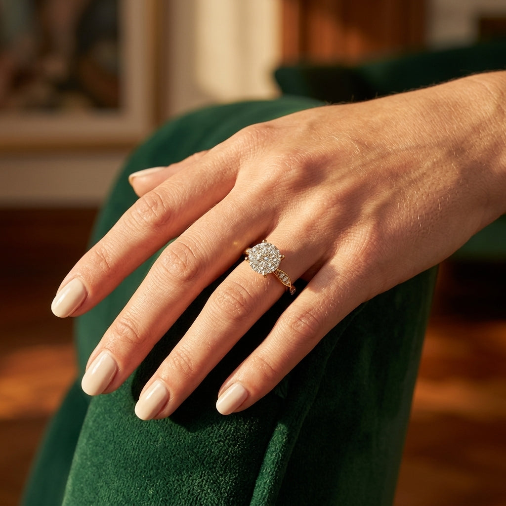 1/2 Ctw Round Shape Lovebright Marquise Carved Round Cut Diamond Engagement Ring in 14K Yellow and White Gold - worn lifestyle photo
