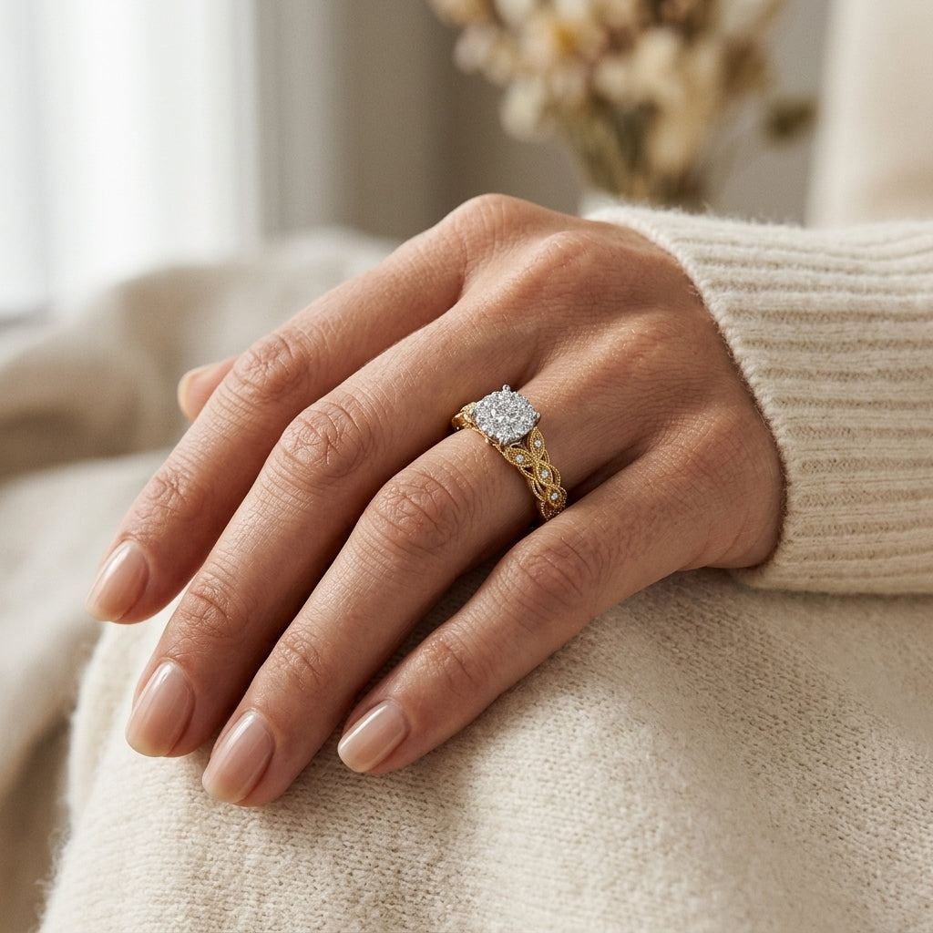 1/3 Ctw Round Cut Diamond Lovebright Engagement Ring in 14K Yellow and White Gold - worn lifestyle photo