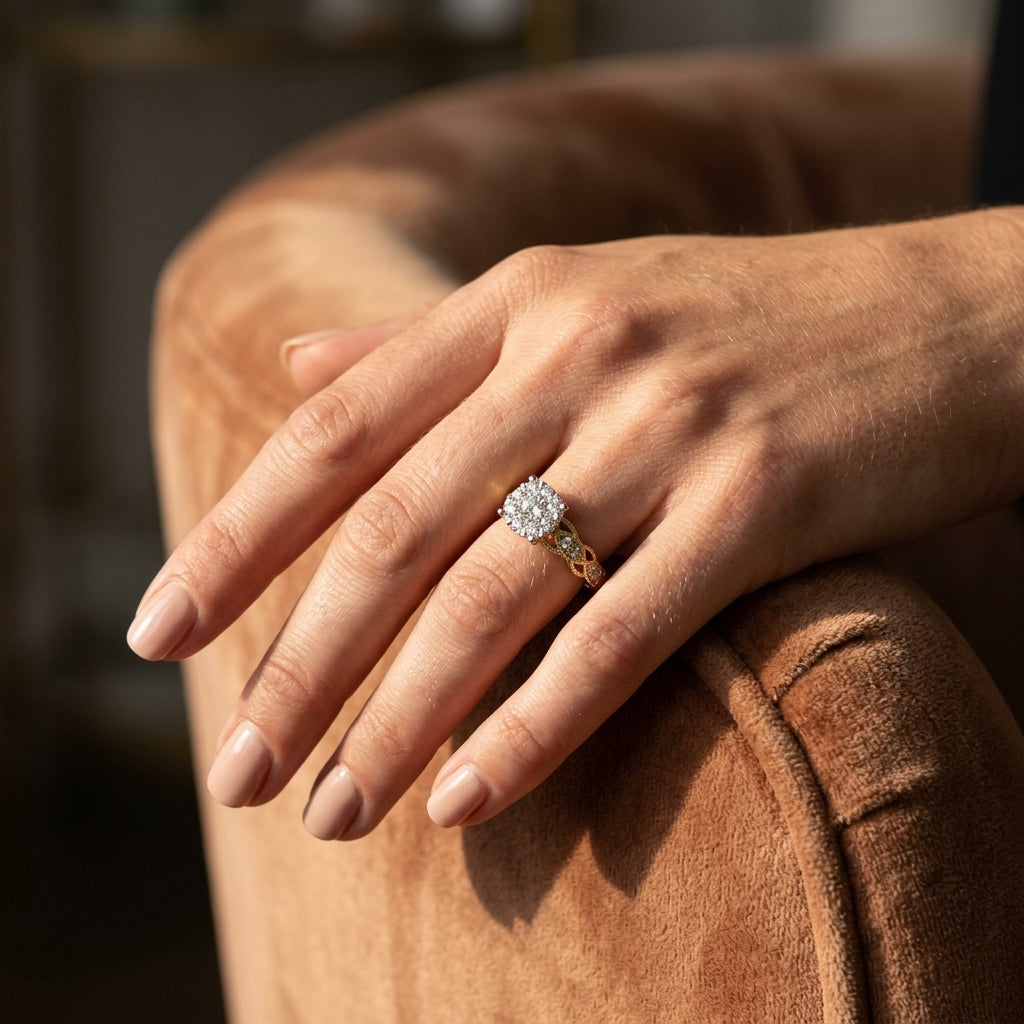 3/8 Ctw Two-Tone Lattice Round Cut Diamond Lovebright Ring in 14K Yellow and White Gold - worn lifestyle photo