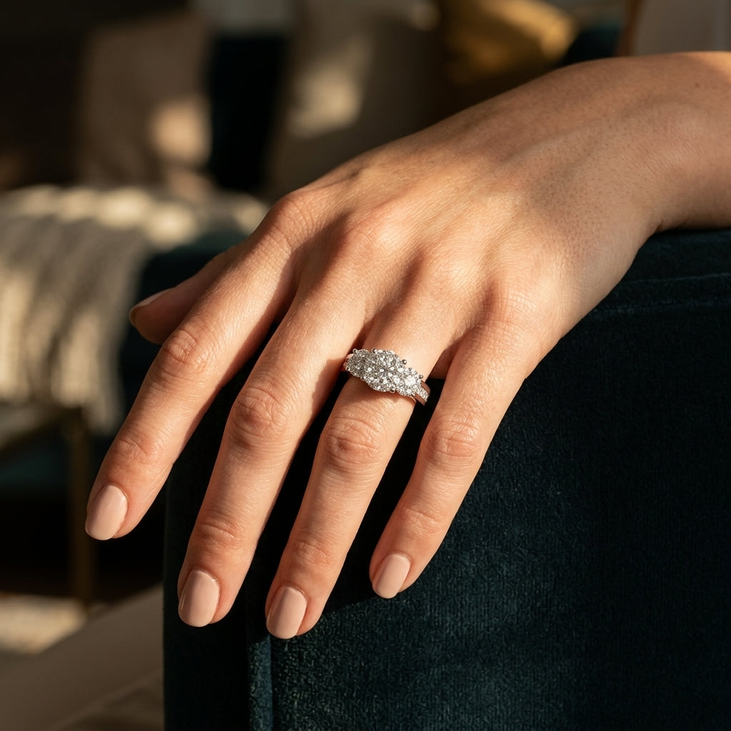 3/4 Ctw Past Present and Future Lovebright Round Cut Diamond Ring in 14K White Gold - worn lifestyle photo