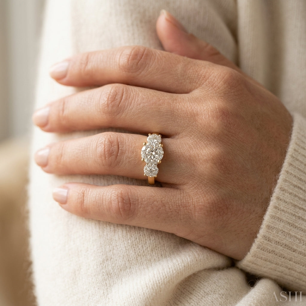3/4 Ctw Past Present and Future Lovebright Round Cut Diamond Ring in 14K Yellow and White Gold - worn lifestyle photo