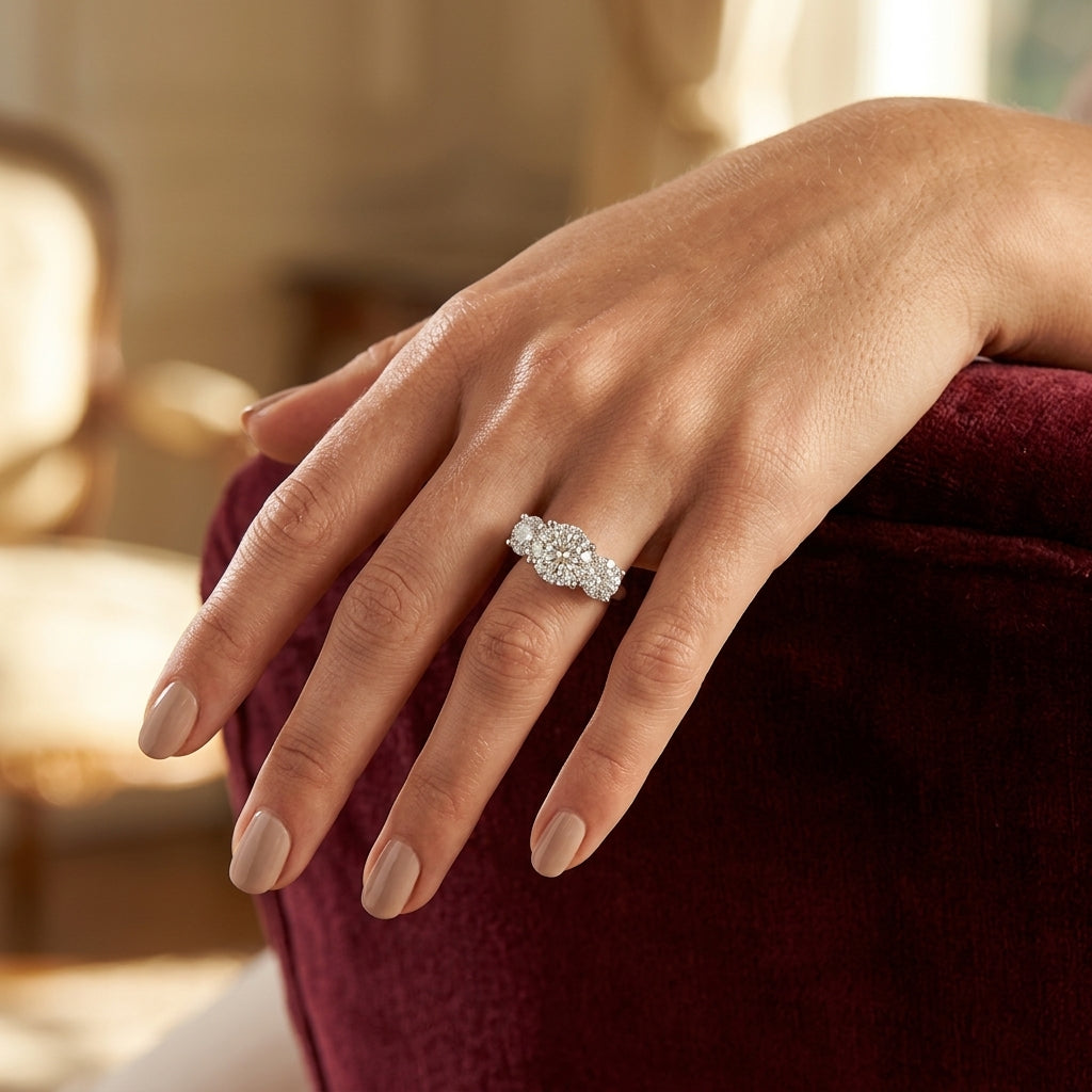 1 1/2 Ctw Past Present and Future Lovebright Round Cut Diamond Ring in 14K White Gold - worn lifestyle photo