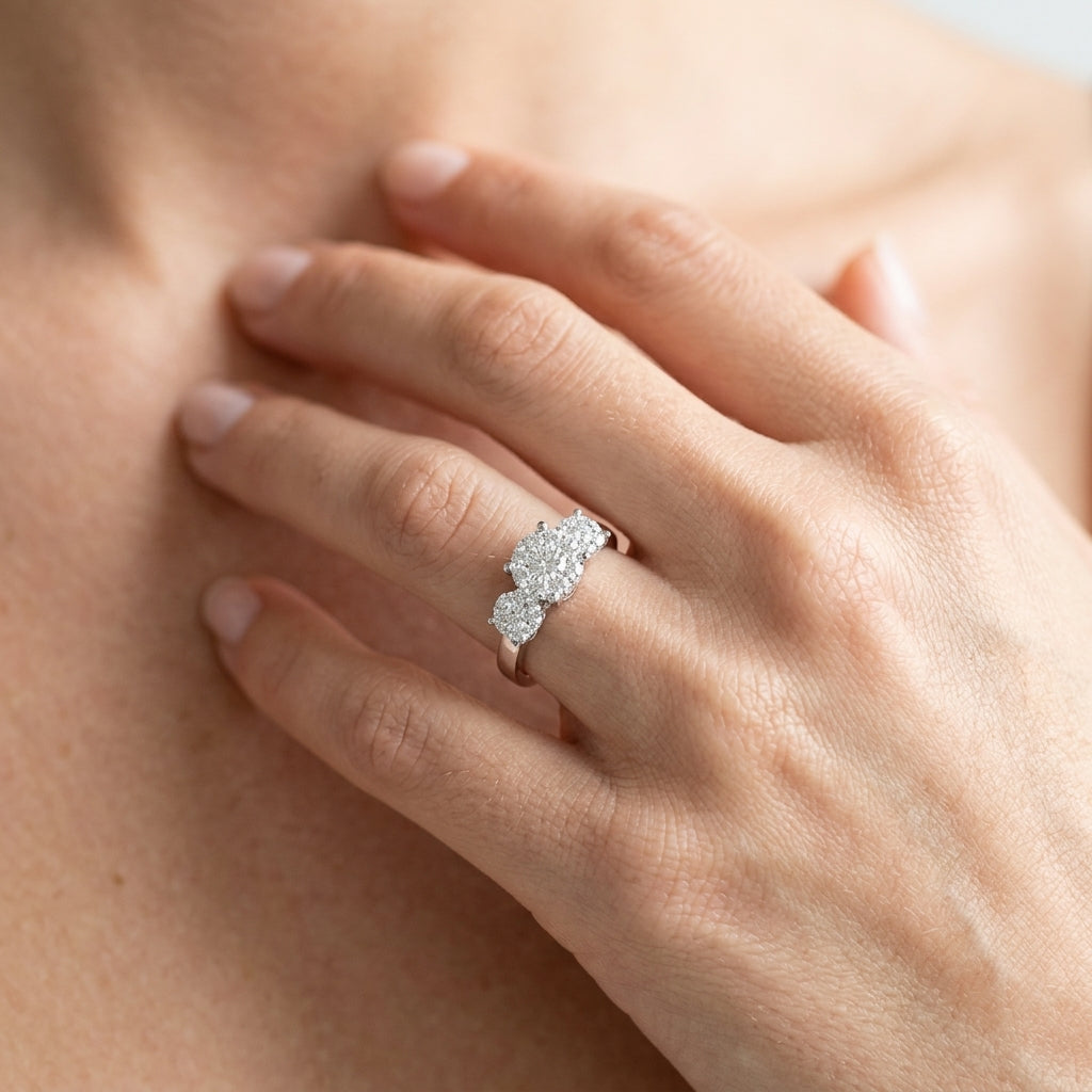 3/4 Ctw Past Present and Future Lovebright Round Cut Diamond Ring in 14K White Gold - worn lifestyle photo