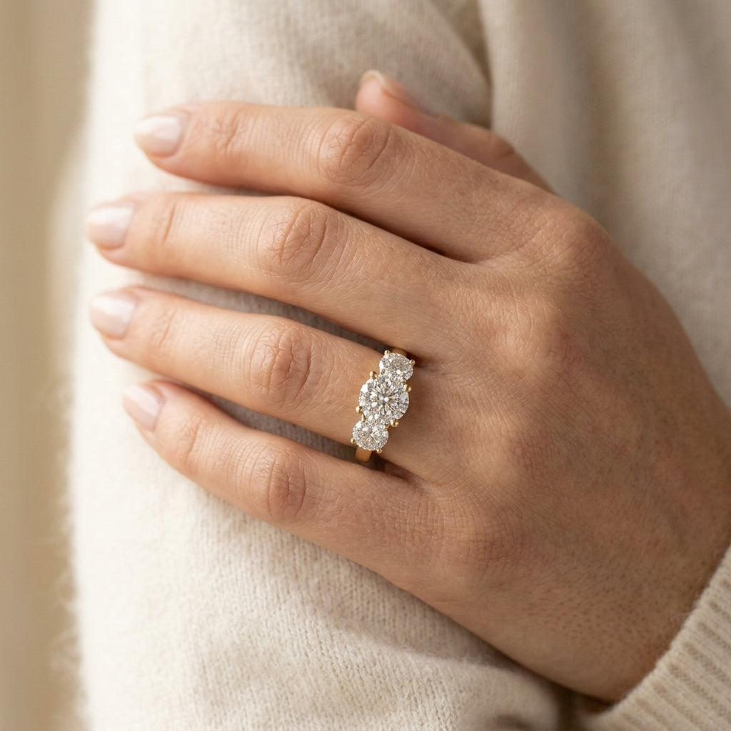 3/4 Ctw Past Present and Future Lovebright Round Cut Diamond Ring in 14K Yellow and White Gold - worn lifestyle photo