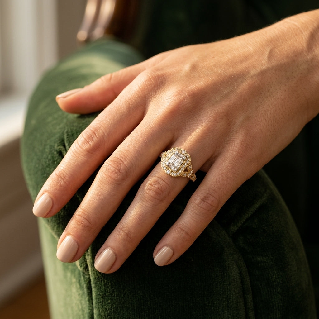 5/8 Ctw Intricate lattice Baguette and Round Cut Diamond Ring in 14K Yellow and white gold - worn lifestyle photo