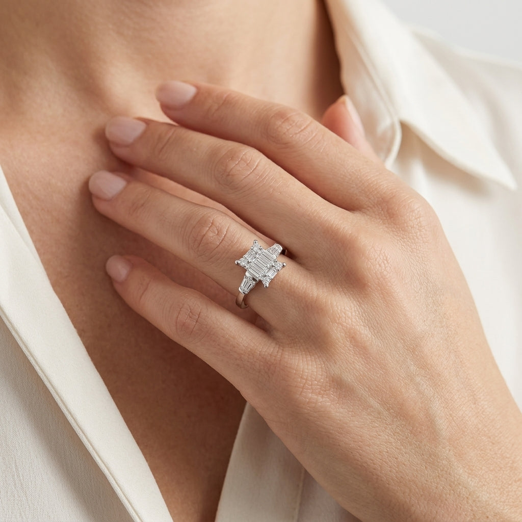 1/2 Ctw Modern Rectangular Head Baguette and Round Cut Diamond Ladies Ring in 14K Yellow and White Gold - worn lifestyle photo