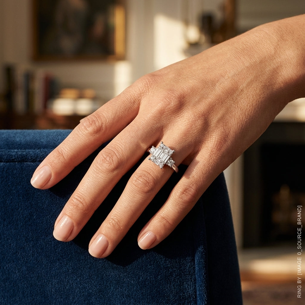 1/2 Ctw Fusion Baguette and Round Cut Diamond Engagement Ring in 14K White Gold - worn lifestyle photo