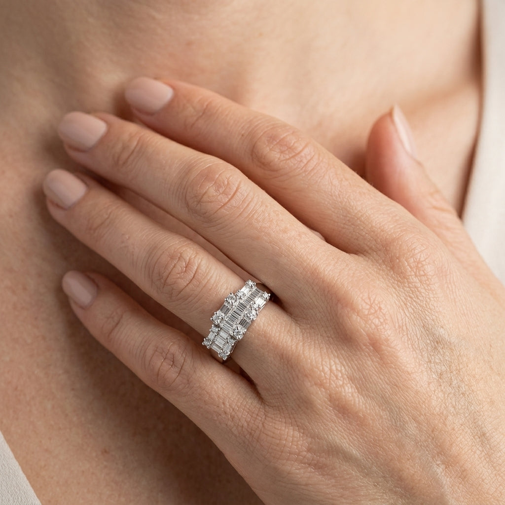 1/2 Ctw Past Present and Future Baguette and Round Cut Diamond Fusion Fashion Ring in 14K White Gold - worn lifestyle photo