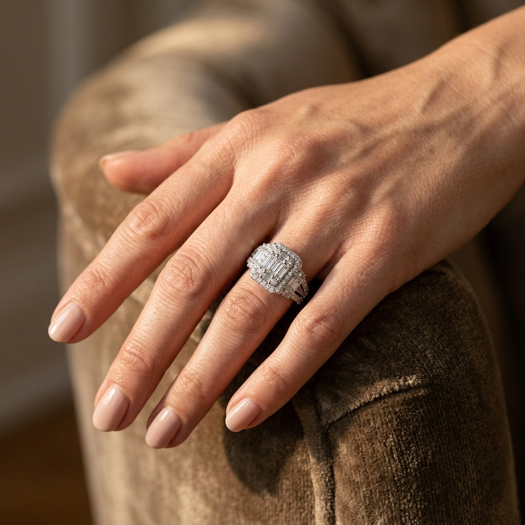 1 Ctw Split Shank Baguette and Round Cut Diamond Bridal Ring in 14K White Gold - worn lifestyle photo