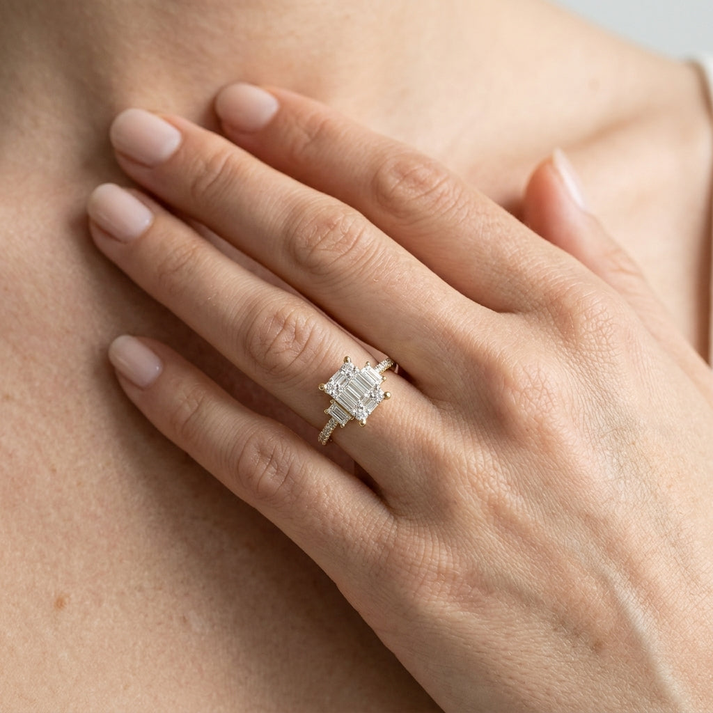 5/8 Ctw Baguette and Round Cut Fusion Diamond Engagement Ring in 14K Yellow and White Gold - worn lifestyle photo