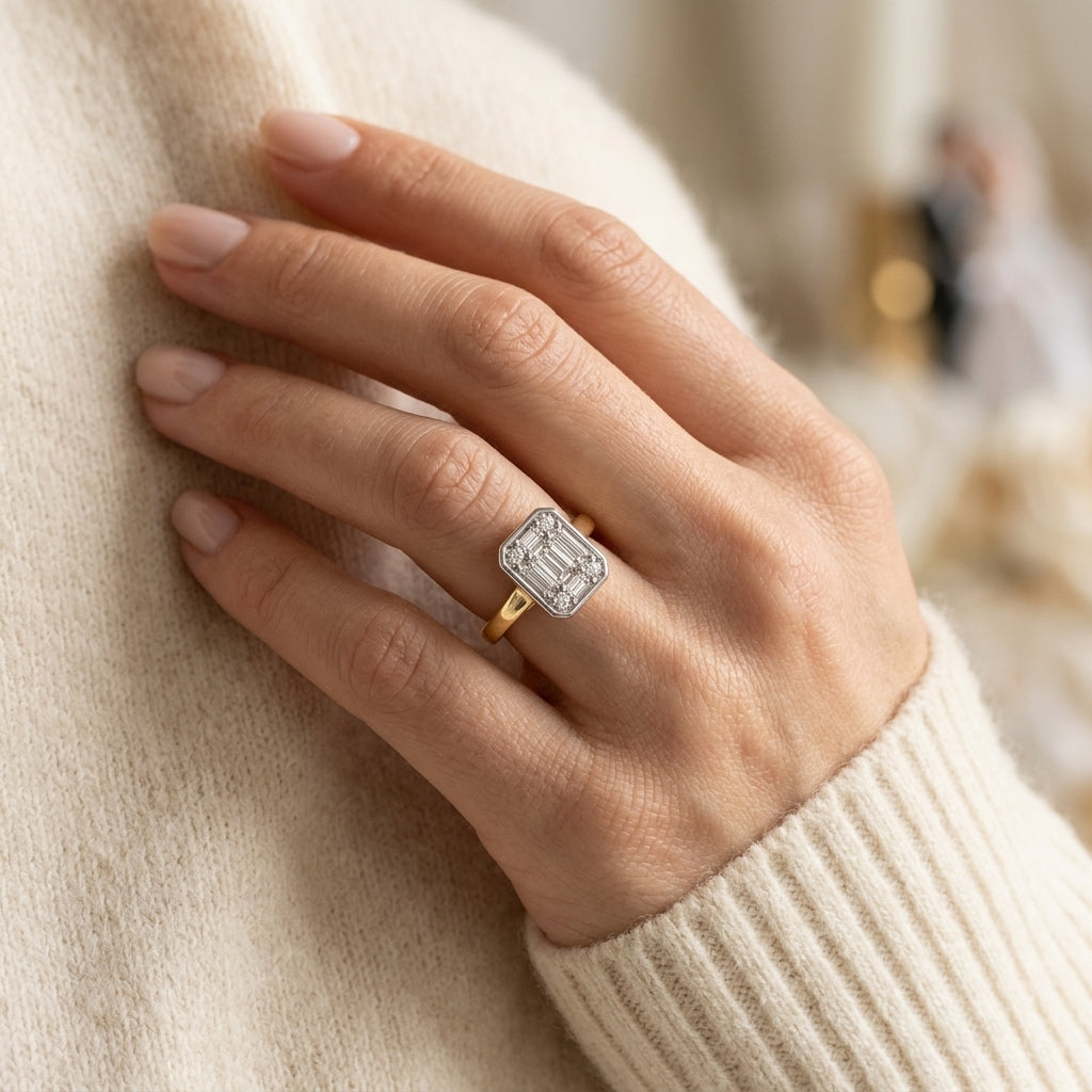 1/2 Ctw Octagonal Shape Baguette and Round Cut Diamond Ladies Ring in 14K Yellow and White Gold - worn lifestyle photo