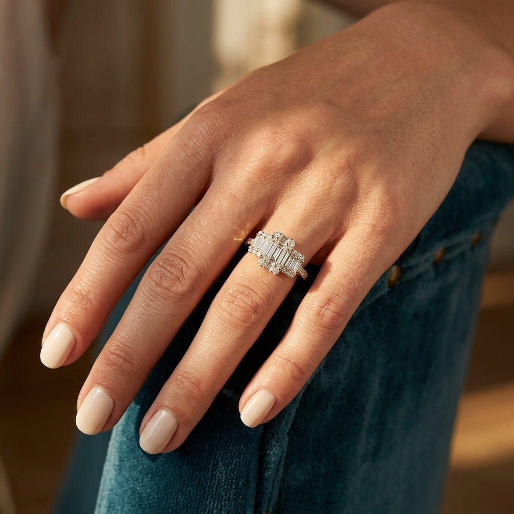 7/8 Ctw Tri-Mount Fusion Baguette and Round Cut Diamond Past Present and Future Engagement Ring in 14K Yellow and White Gold - worn lifestyle photo