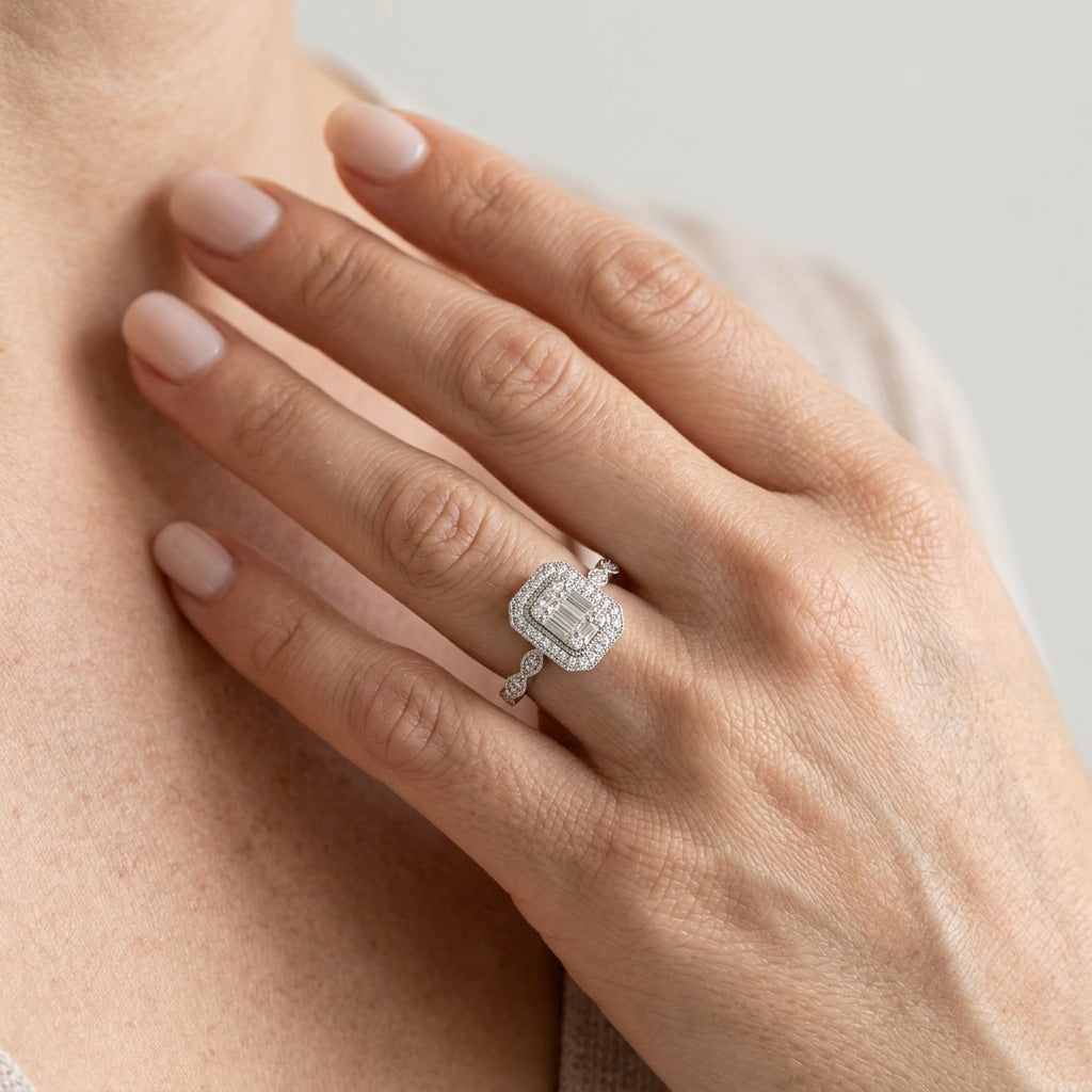 3/8 Ctw Emerald Shape Round Cut and Baguette Diamond Fusion Engagement Ring in 14K White Gold - worn lifestyle photo