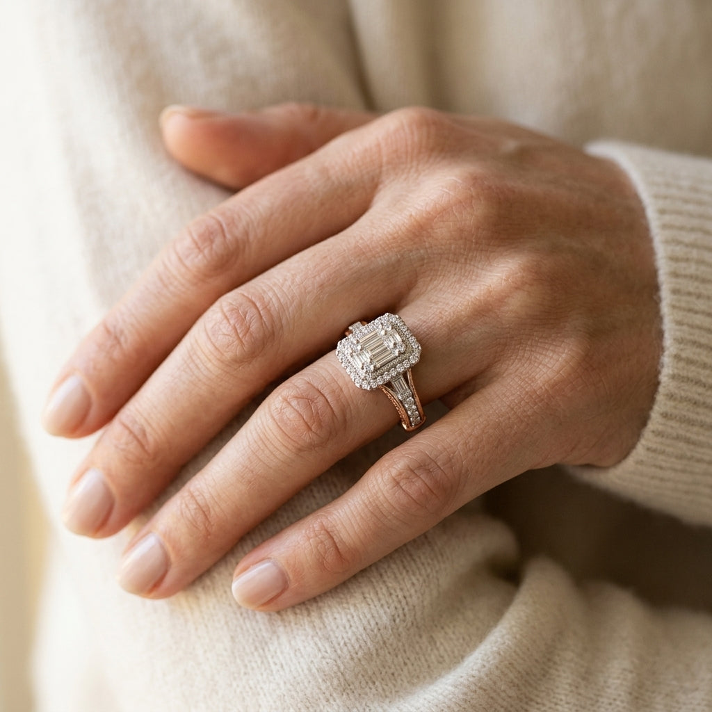 3/4 Ctw Octagonal Mount Two Tone Accent Round Cut and Baguette Diamond Ring in 14K White and Rose Gold - worn lifestyle photo