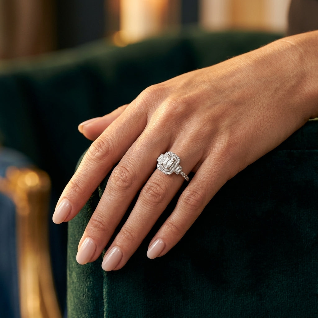 5/8 Ctw Baguette & Round Cut Diamond Ring in 14K White Gold - worn lifestyle photo