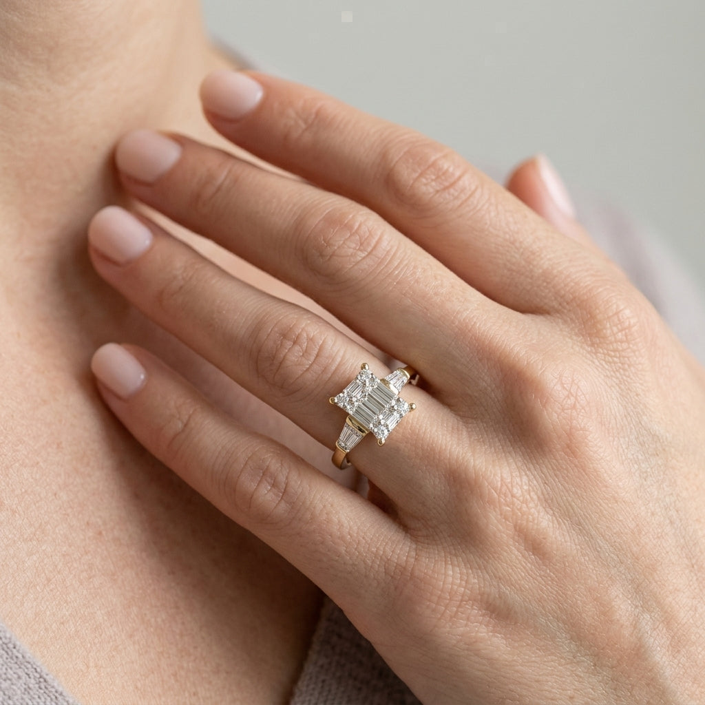 1/2 Ctw Modern Rectangular Head Baguette and Round Cut Diamond Ring in 14K Yellow and White Gold - worn lifestyle photo