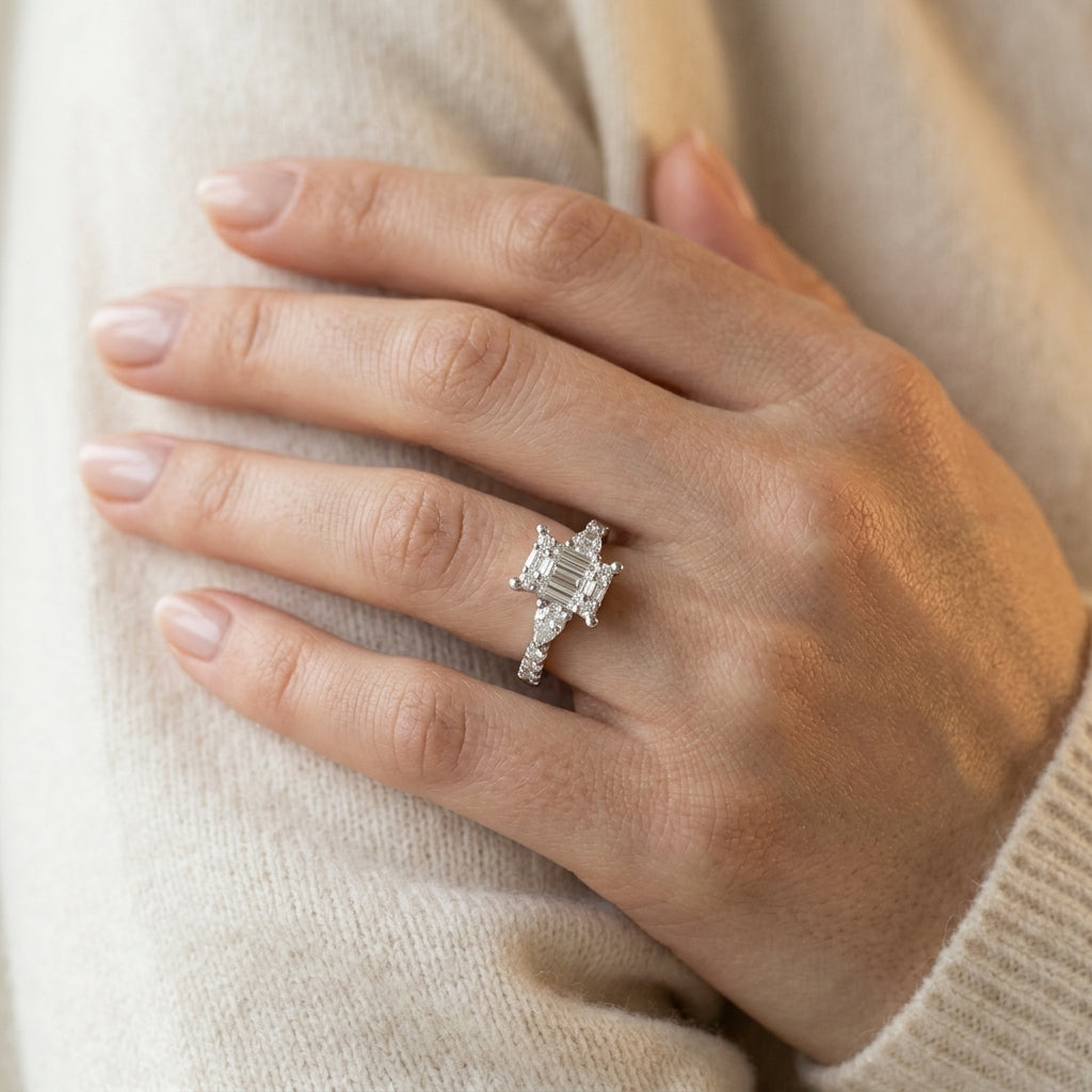 3/4 Ctw Emerald Shape Baguette, Pear and Round Cut Diamond Fusion Engagement Ring in 14K White Gold - worn lifestyle photo