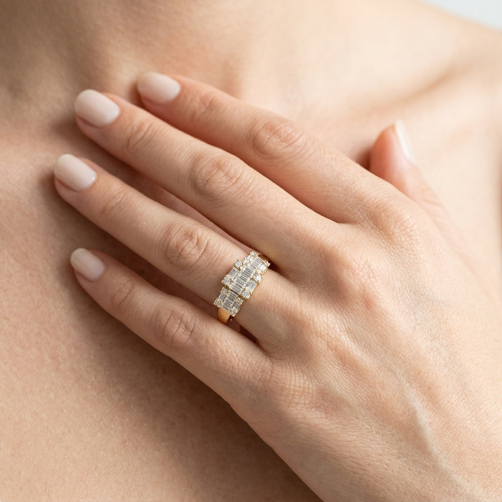 1/2 Ctw Past Present and Future Baguette and Round Cut Diamond Fusion Fashion Ring in 14K Yellow Gold - worn lifestyle photo