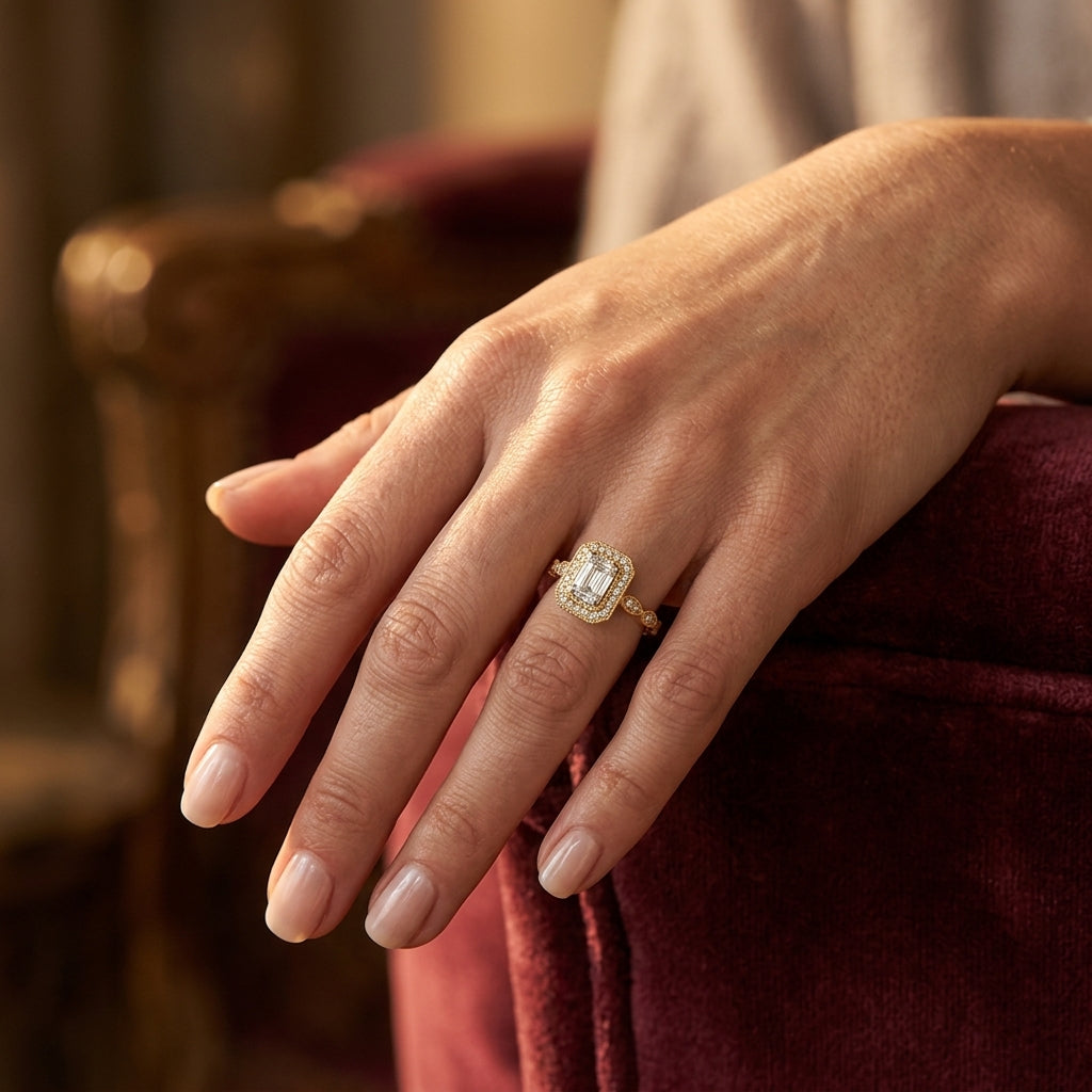 3/8 Ctw Emerald Shape Round Cut and Baguette Diamond Fusion Engagement Ring in 14K Yellow and White Gold - worn lifestyle photo