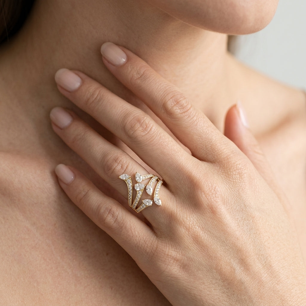 2 1/4 Ctw Bypass Three-Way Split Marquise, Pear and Round Cut Diamond Fashion Open Ring in 14K Yellow Gold - worn lifestyle photo