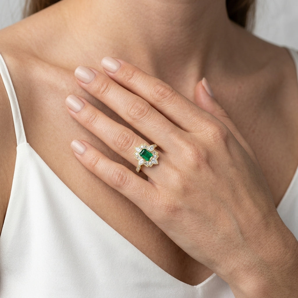 6X4 MM Octagon Cut Emerald and 5/8 Ctw Art Deco Mixed Diamond Cut Precious Fashion Ring in 14K Yellow Gold - worn lifestyle photo