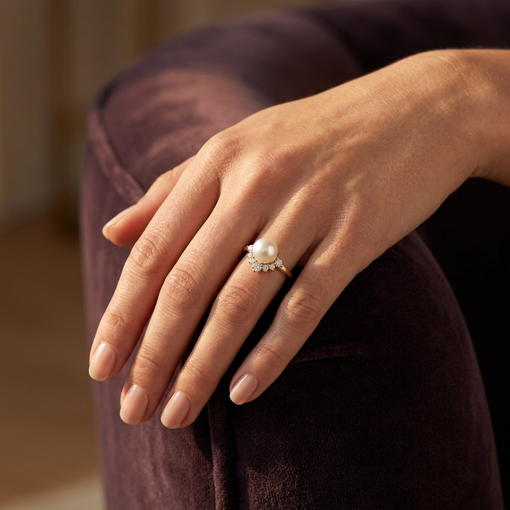 7 MM Cultured Pearl and 1/4 Ctw Round Cut Diamond Fashion Ring in 10K Yellow Gold - worn lifestyle photo