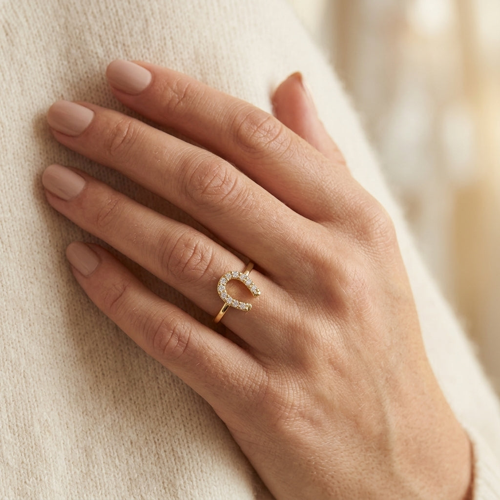1/10 Ctw Horseshoe Charm Round Cut Diamond Petite Fashion Ring in 10K Yellow Gold - worn lifestyle photo