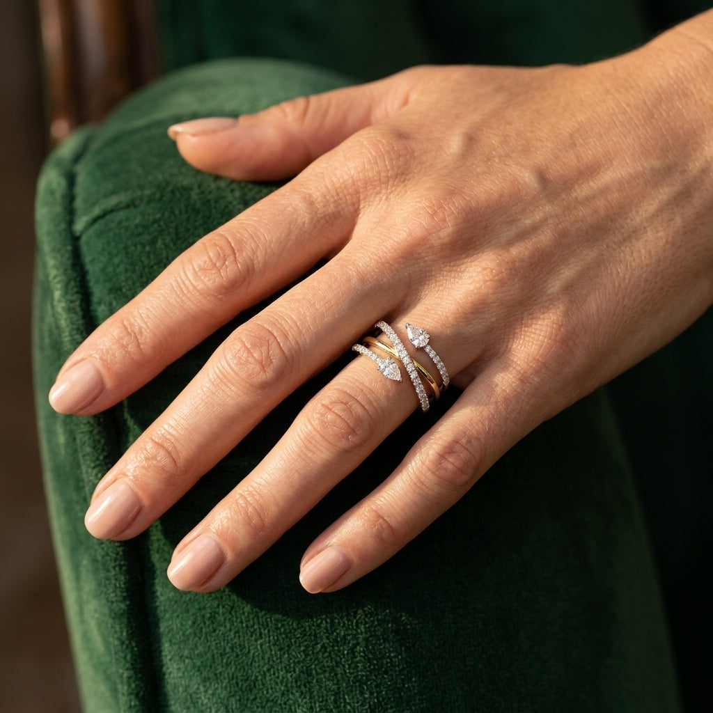 1 Ctw East West Pear and Round Cut Diamond Split Open-End Fashion Ring in 14K Yellow Gold - worn lifestyle photo