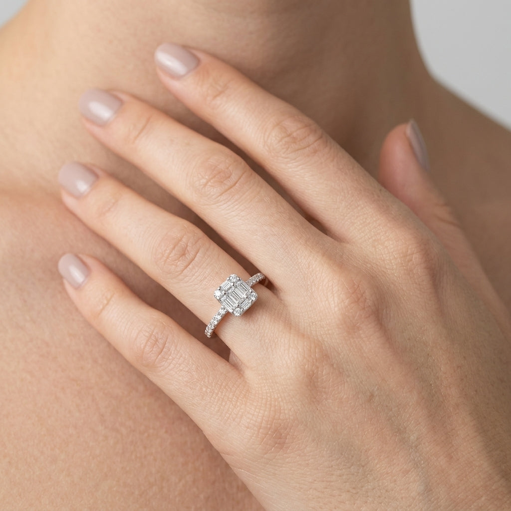 1/4 Ctw Cushion Shape Petite Baguette and Round Cut Diamond Fashion Promise Ring in 10K White Gold - worn lifestyle photo