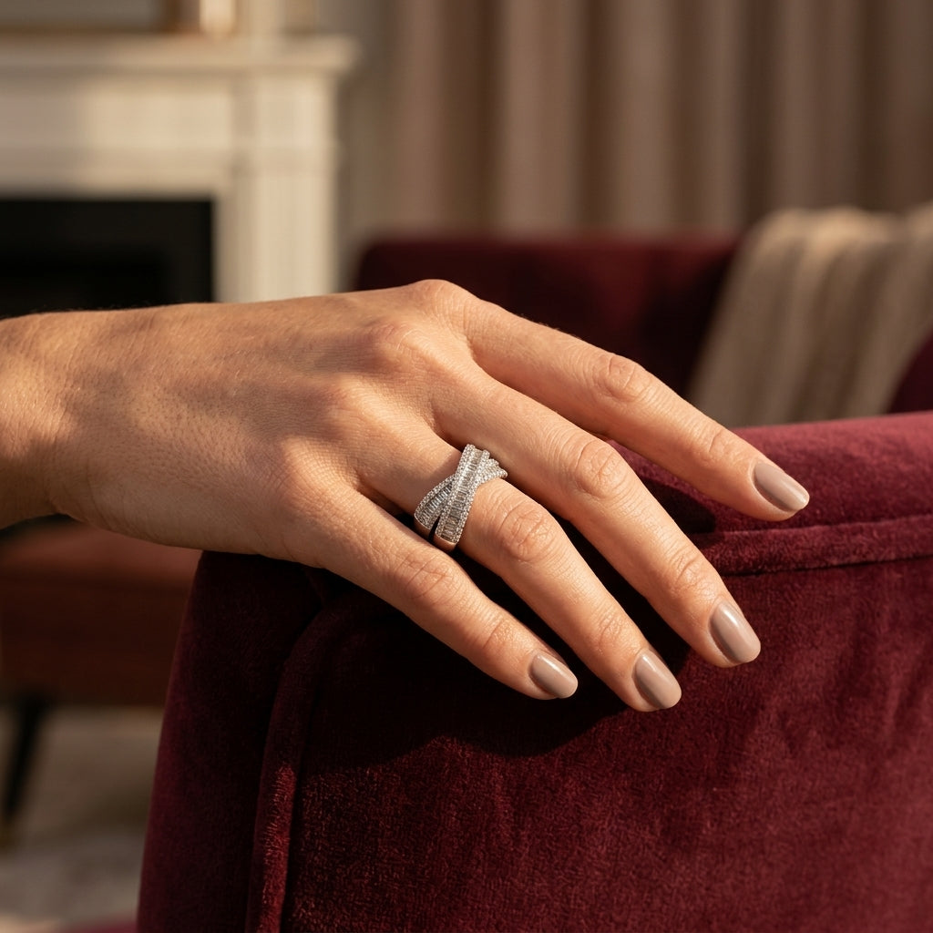 1 1/4 Ctw Split Cross Over Baguette and Round Cut Diamond Fashion Ring in 14K White Gold - worn lifestyle photo