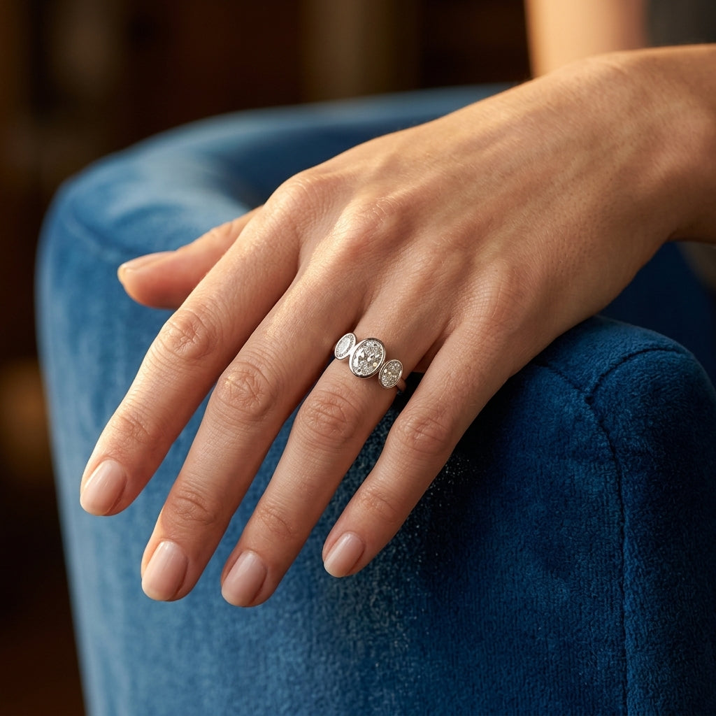 1 Ctw 3-Stone Bezel Set Oval Cut Diamond Ring in 14K White Gold - worn lifestyle photo