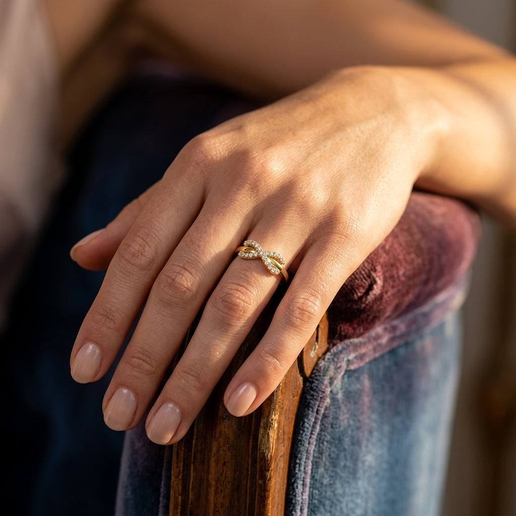 1/10 Ctw Infinity Petite Round Cut Diamond Fashion Ring in 10K Yellow Gold - worn lifestyle photo