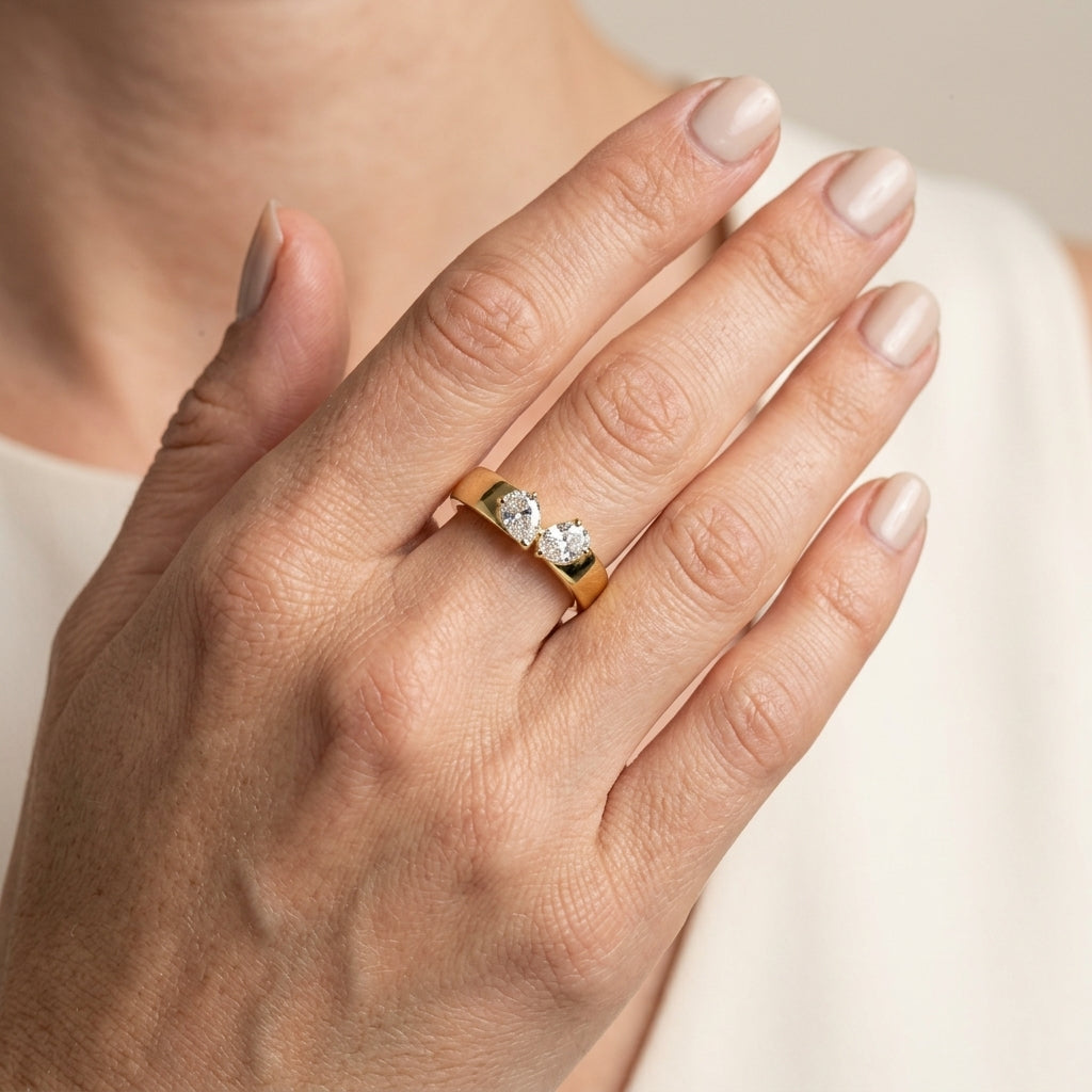 1/3 Ctw Toi Et Moi 2-Stone Pear and Oval Cut Diamond Fashion Ring in 14K Yellow Gold - worn lifestyle photo