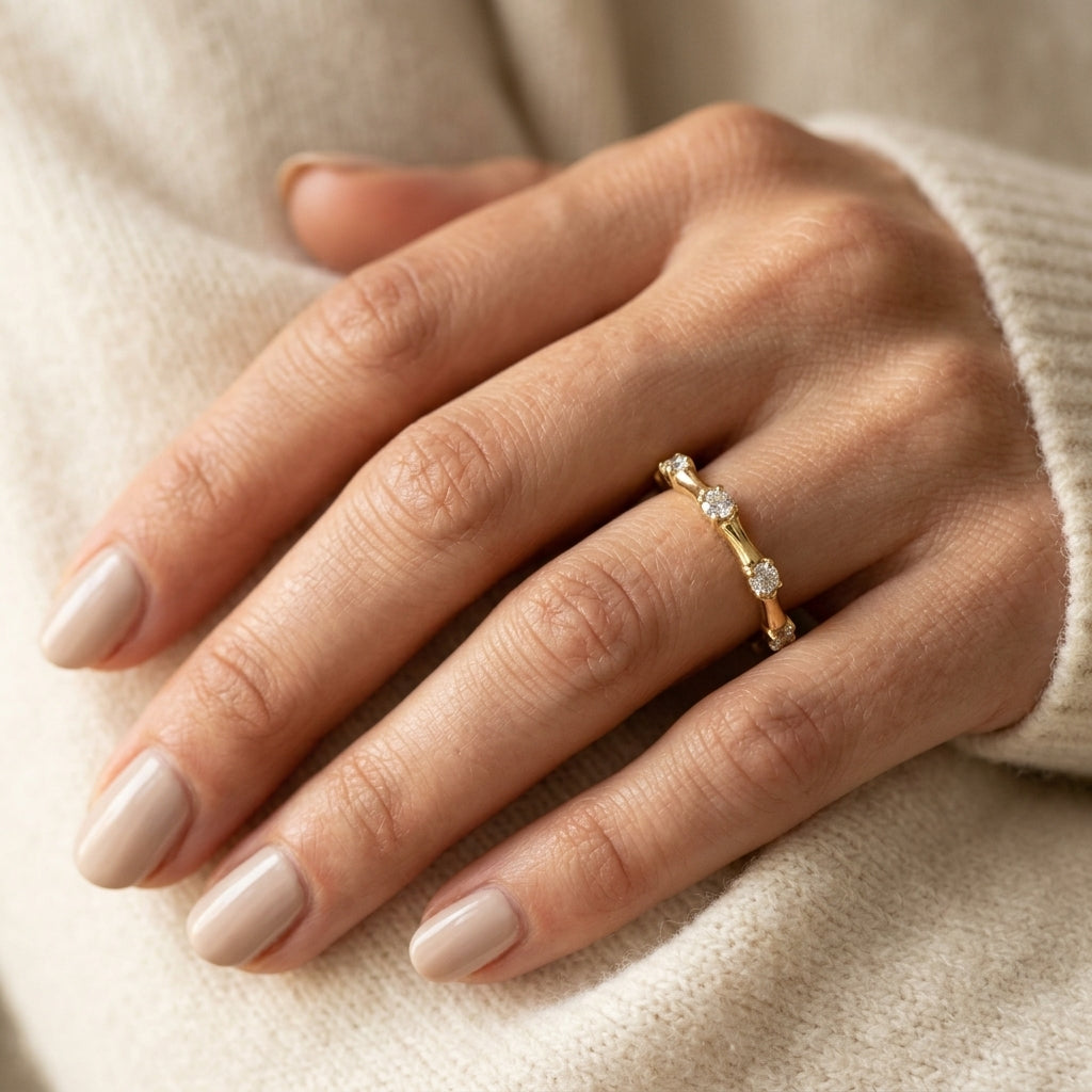1/5 Ctw Bamboo Shoot Inspired Round Cut Diamond Fashion Ring in 14K Yellow Gold - worn lifestyle photo