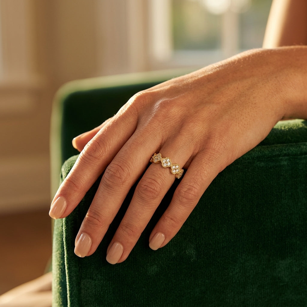 1/4 Ctw Clover Motif Round Cut Diamond Fashion Ring in 14K Yellow Gold - worn lifestyle photo