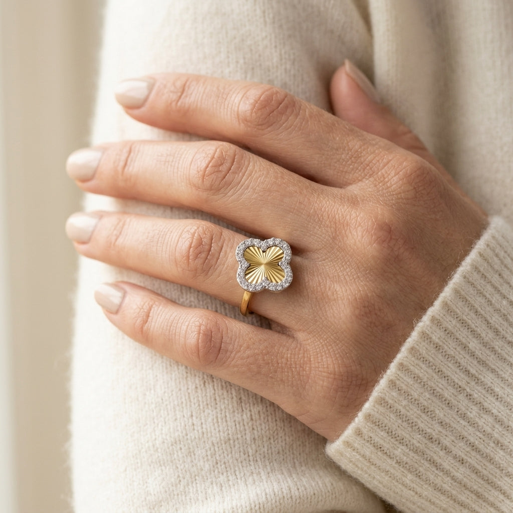 1/6 Ctw Fluted Texture 4-Leaf Clover Round Cut Diamond Pirouette Fashion Ring in 10K Yellow and White Gold - worn lifestyle photo