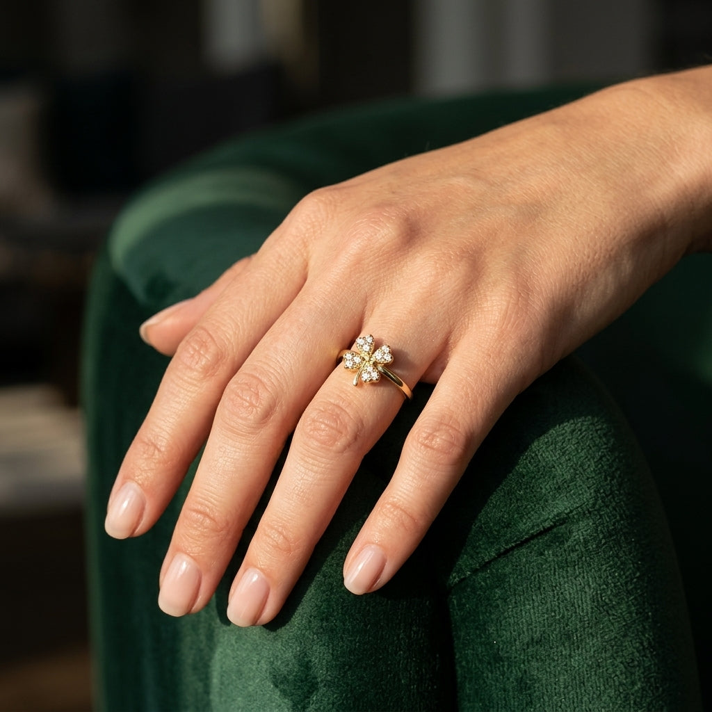 1/10 Ctw Clover Charm Round Cut Diamond Petite Fashion Ring in 10K Yellow Gold - worn lifestyle photo