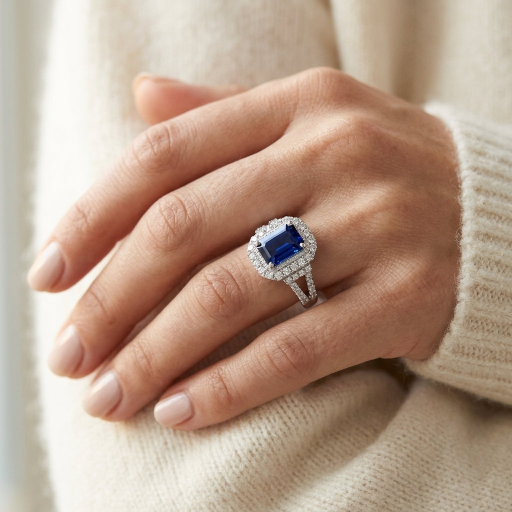 7X5 MM Emerald Shape Sapphire and 1/2 Ctw Round Cut Diamond Precious Ring in 14K White Gold - worn lifestyle photo