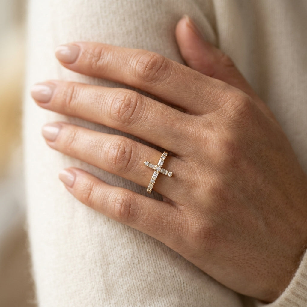 1/5 Ctw Reclined Cross Baguette and Round Cut Diamond Fashion Ring in 10K Yellow Gold - worn lifestyle photo