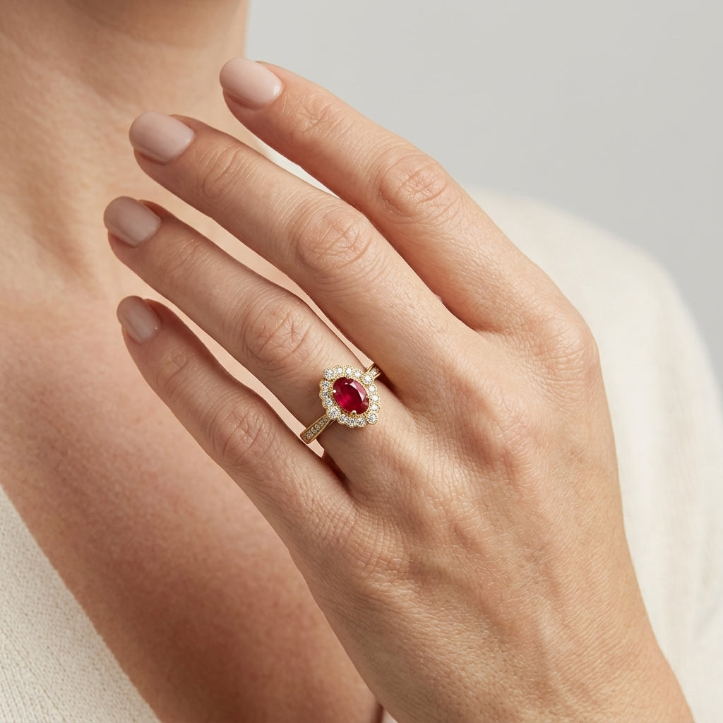 6X4 MM Oval Cut Ruby and 1/4 Ctw Art Deco Round Cut Diamond Halo Precious Ring in 14K Yellow Gold - worn lifestyle photo