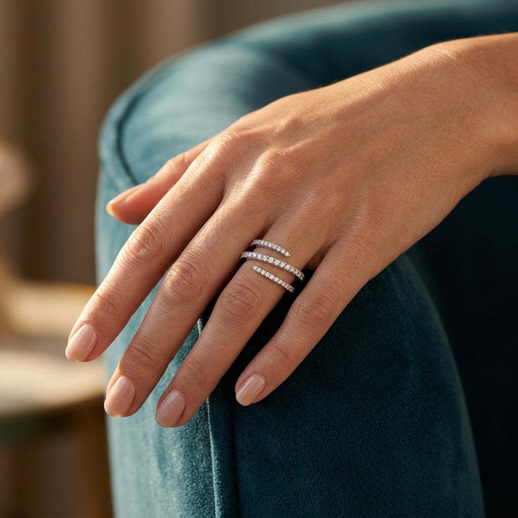 3/8 Ctw Open-End Round Cut Diamond Fashion Ring in 14K White Gold - worn lifestyle photo