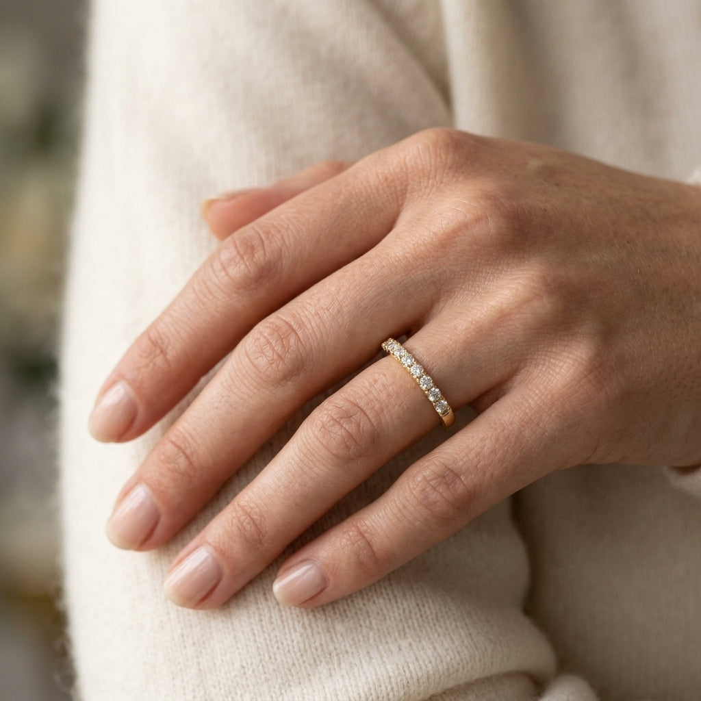 1/20 Ctw Bar Top Round Cut Diamond Stackable Petite Ring in 10K Yellow Gold - worn lifestyle photo