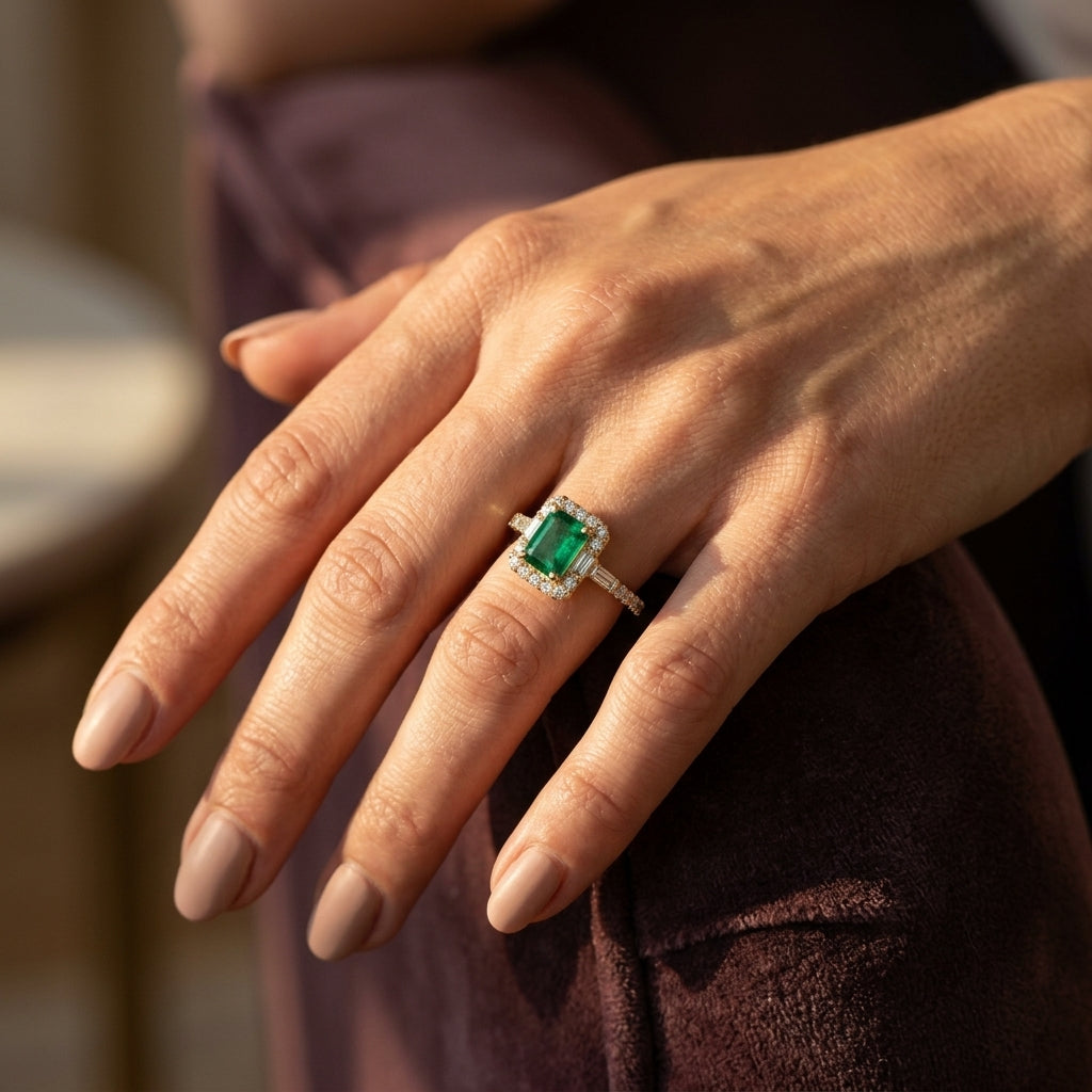 6X4 MM Octagon Cut Emerald and 1/2 Ctw Round Cut Diamond Precious Ring in 14K Yellow Gold - worn lifestyle photo
