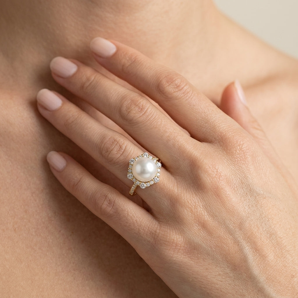 8 MM Cultured Pearl and 1/3 Ctw Hexagon Shape Round Cut Diamond Ring in 14K Yellow Gold - worn lifestyle photo