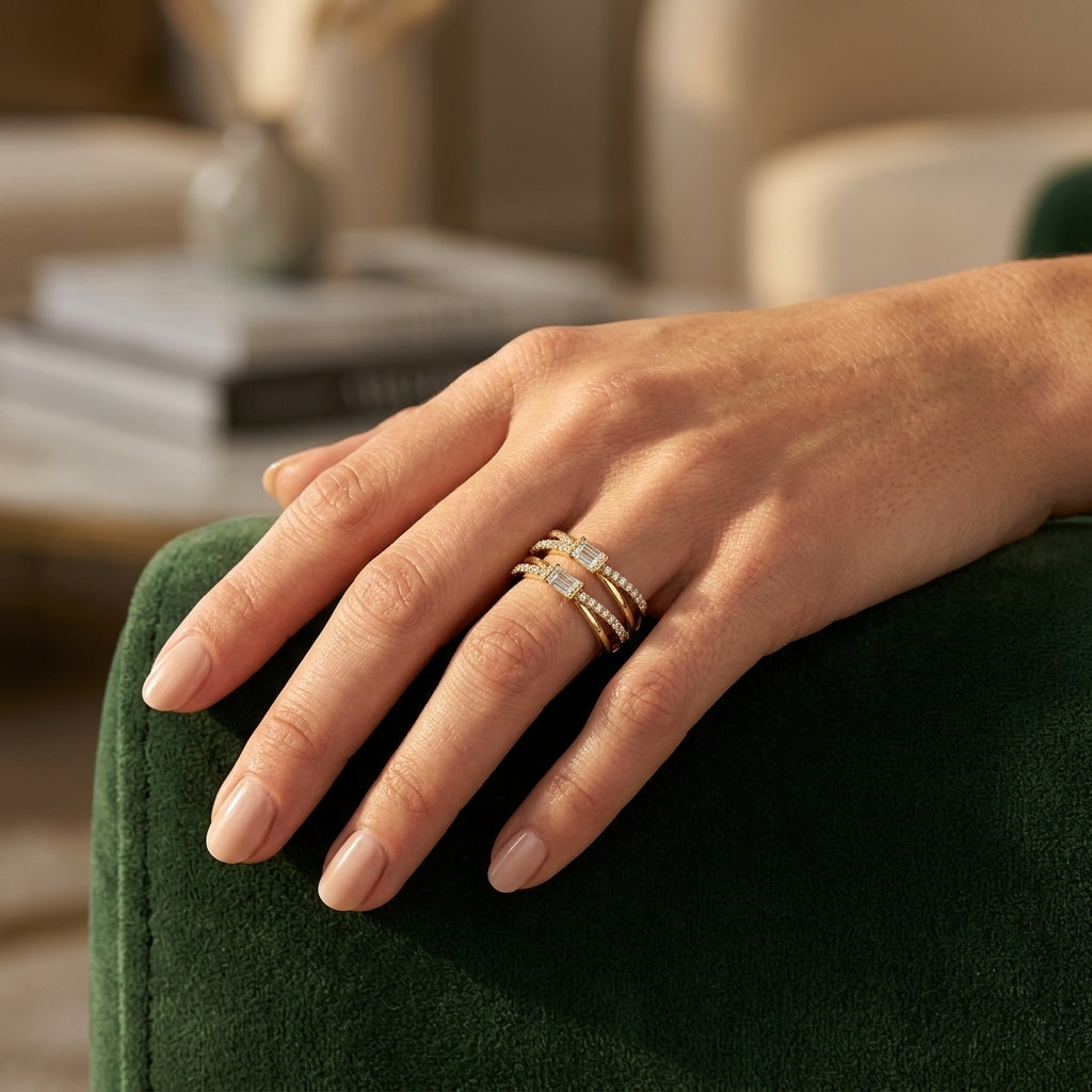 3/8 Ctw Criss-Cross Baguette and Round Diamond Fashion Ring in 14K Yellow Gold - worn lifestyle photo